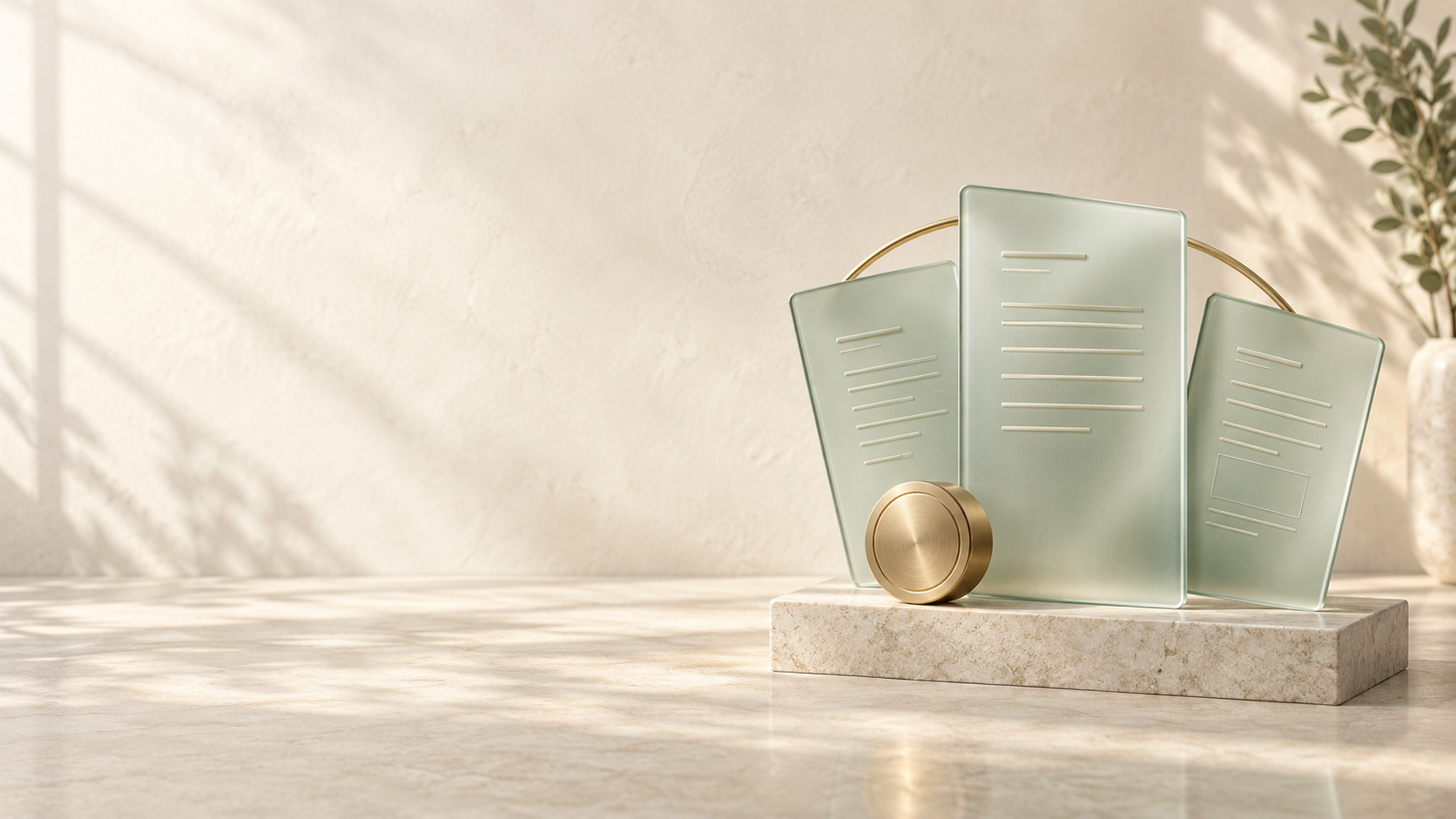 Glass and gold objects representing Finnvisor Advisory services